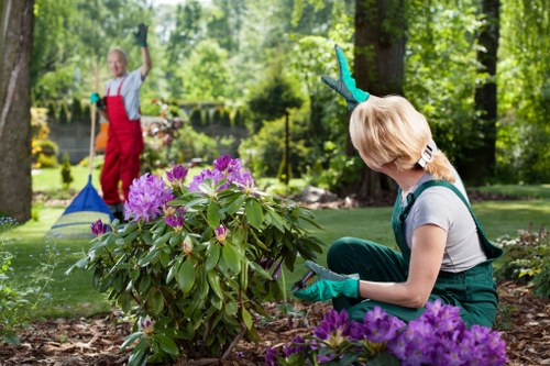 Gardeners in Chessington working safely with protective equipment